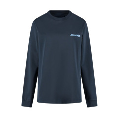 25春夏ブルー長袖レディーストレンディルーズラウンドネックトップス、ロゴプリント長袖Tシャツベース