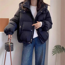 黑色百搭连帽正肩长袖棉服外套女2025冬季新款韩版短款棉衣A8738