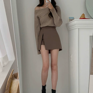 五笔蟹韩版女装简约裤裙侧开叉A字设计显瘦高腰性感百搭半身裙子