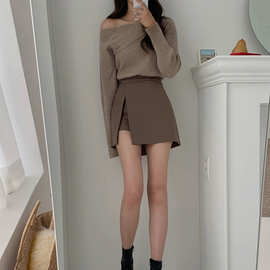 韩版女装简约裤裙侧开叉A字设计显瘦显高高腰性感百搭半身裙