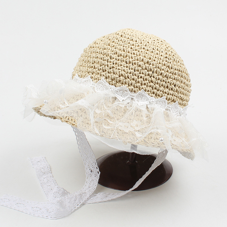 Korean Style Bowknot Pearl Lace Mesh Children's Straw Hat display picture 9