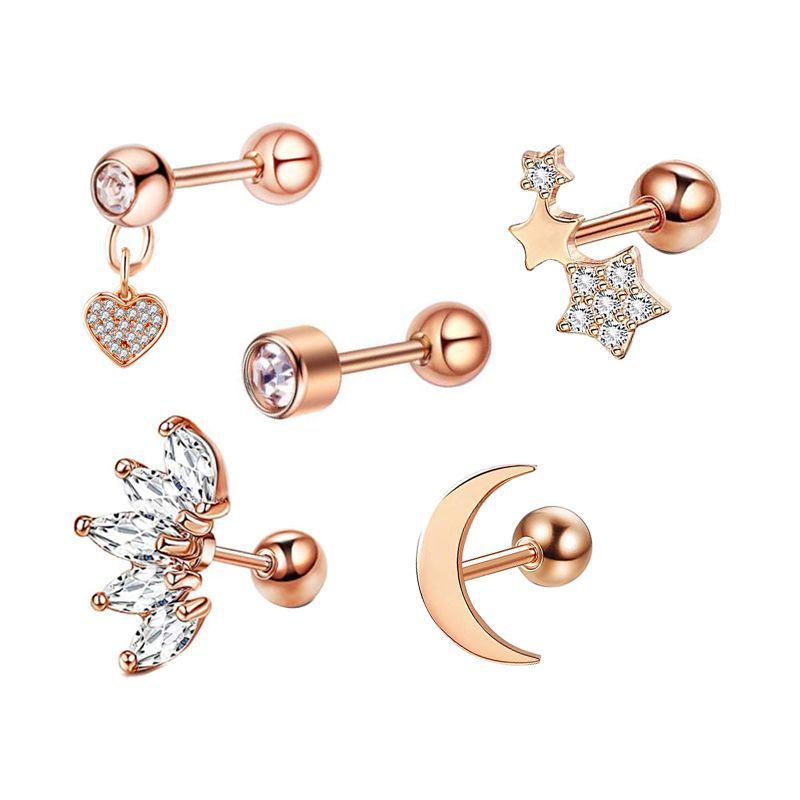 Simple Style Heart Shape Stainless Steel Plating Zircon Ear Studs 5 Piece Set display picture 2