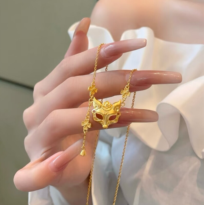 新中式国风仿金灵狐狸面具吊坠锁骨项链女款2025新款y字流苏配饰|undefined