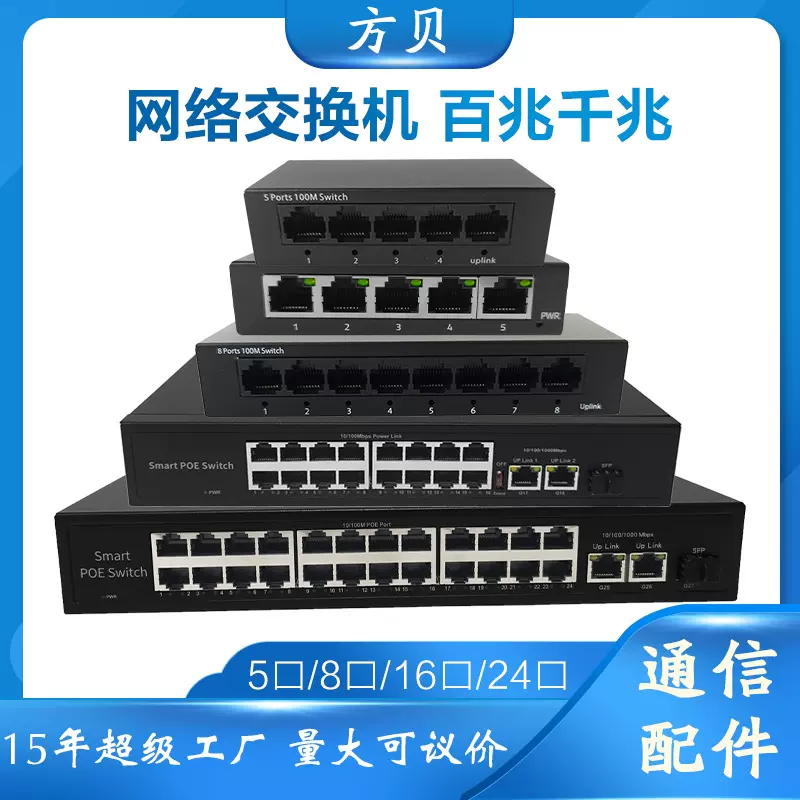 方贝以太网 POE分线集线器百兆5口8口16口24口 48V千兆网络交换机