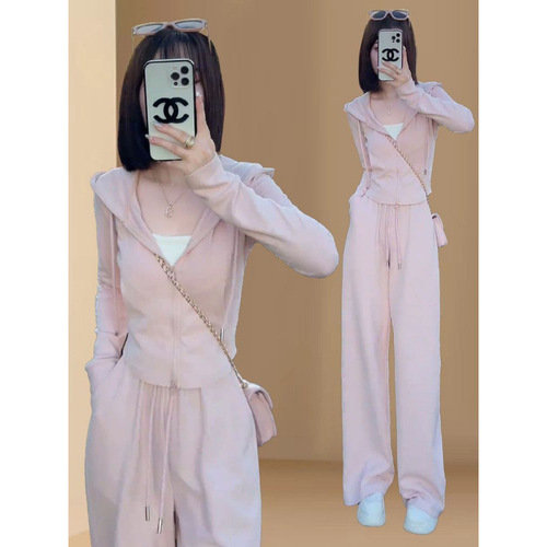 Ladies' Autumn Hooded Sweatshirt Wide Leg Pants Set of Two, Abdominal Covering