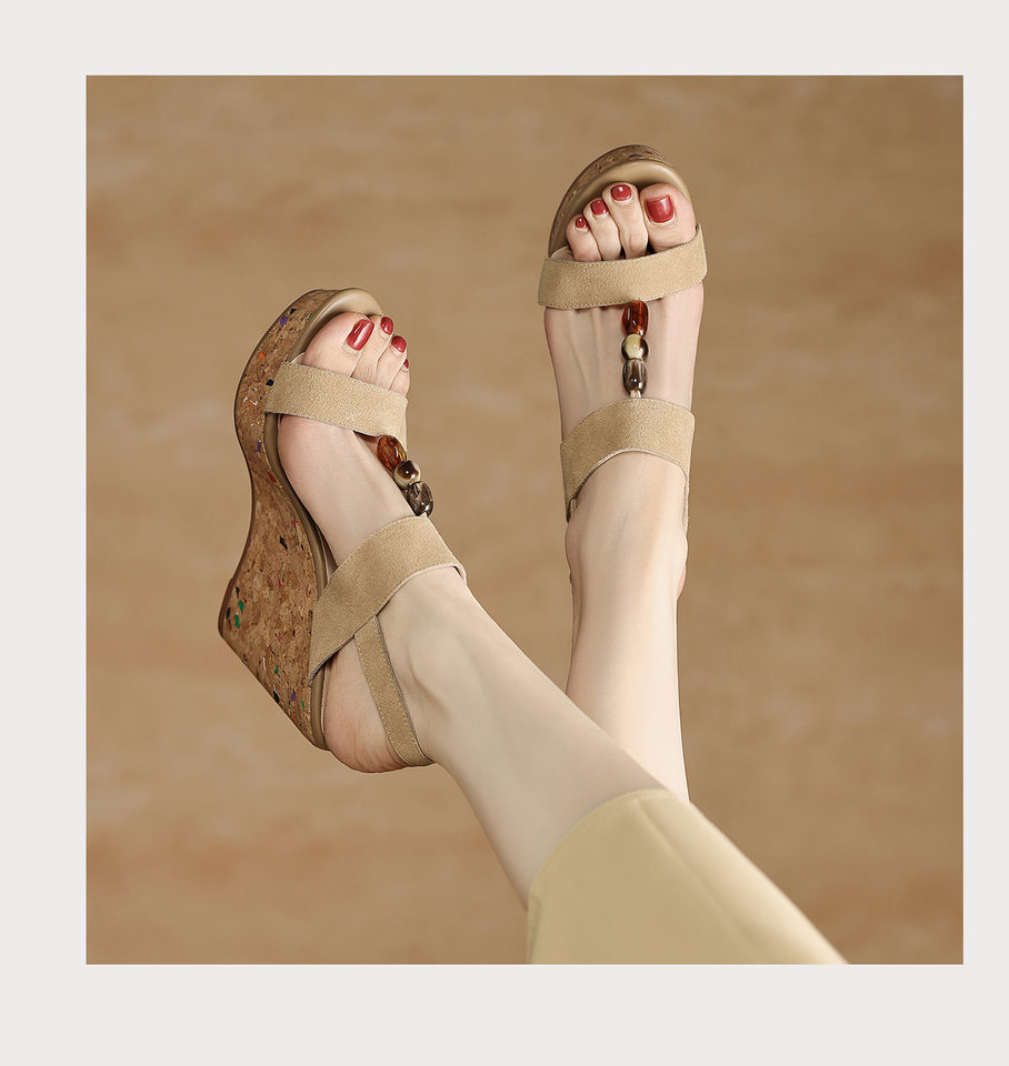 Sandal bohemian đế xuồng cao gót quai ngang hở mũi — màu hồng, màu mơ chi tiết 13