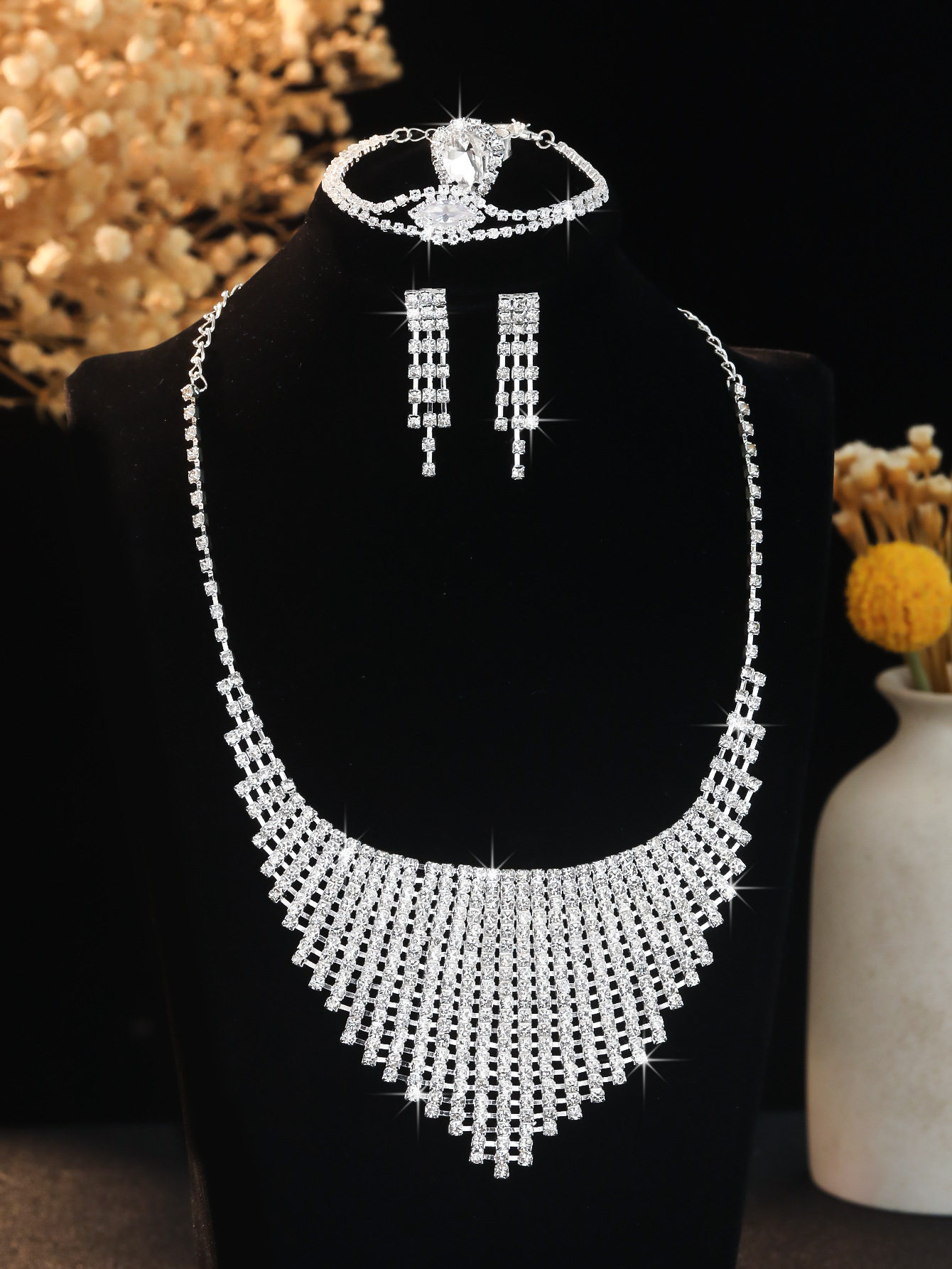 Europäisch-amerikanisches, grenzüberschreitendes, luxuriöses Brautschmuck-Set mit Strasssteinen, zweiteilig, Accessoires für das Hochzeitskleid_voghion.com
