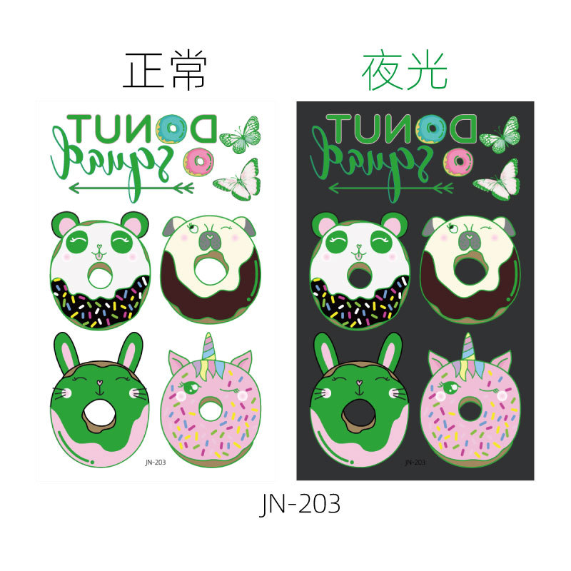 Respetuoso del medio ambiente impermeable de larga duración luminoso lindo donut niños tatuaje pegatinas luminoso postre fantasía tatuaje pegatinas