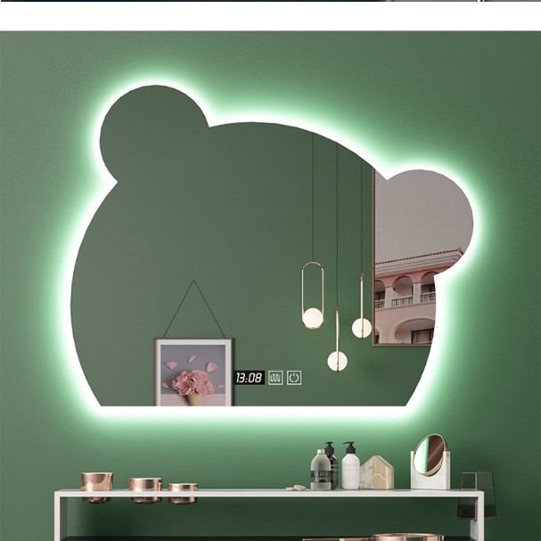 Exportaciones transfronterizas irregulares espejo inteligente LED ligero de lujo de dibujos animados heterosexuales cara de oso espejo de baño pegado en la pared espejo de maquillaje colgado en la pared