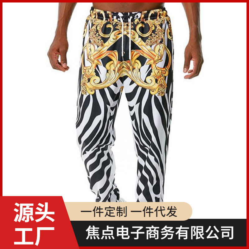 2024 European and American Cross-Border New Men's 3D Lace-Up Rope Retro Digital Print Jogging Pants Pod Custom-Made
