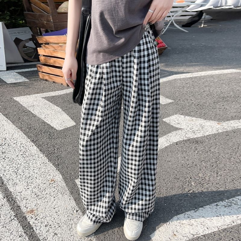 Pantalones a placas negros y blancos de verano 2026 color contrastante de dopamina cintura alta sensación de piernas anchas pantalones casuales sueltos delgados pantalones de mujer