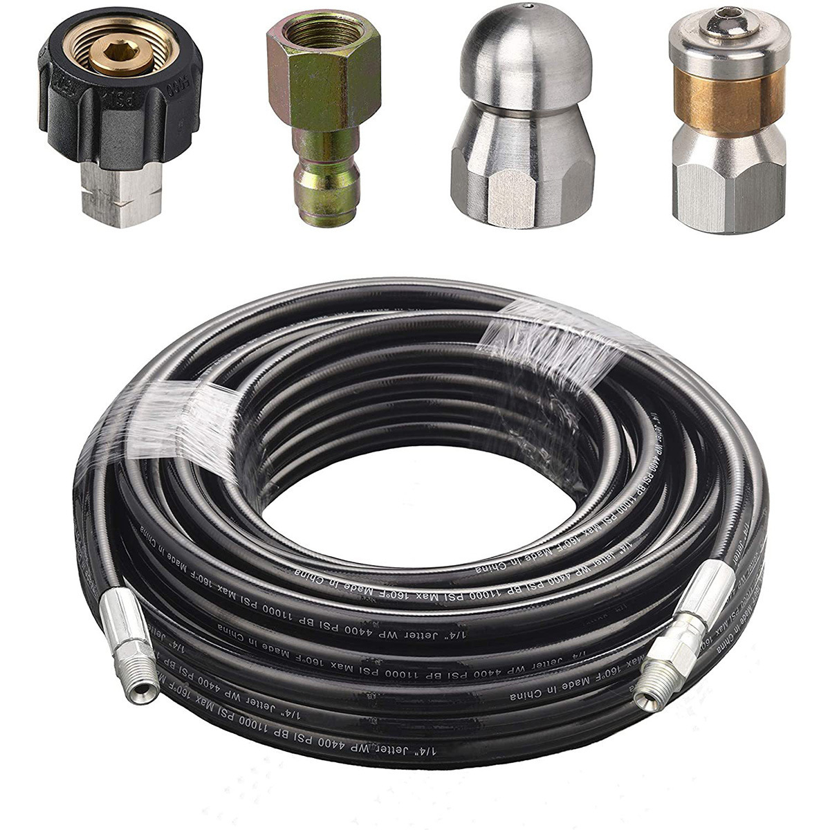 1/4寸高压清洗机下水道喷射套件15米清洗软管 下水道喷嘴4000PSI