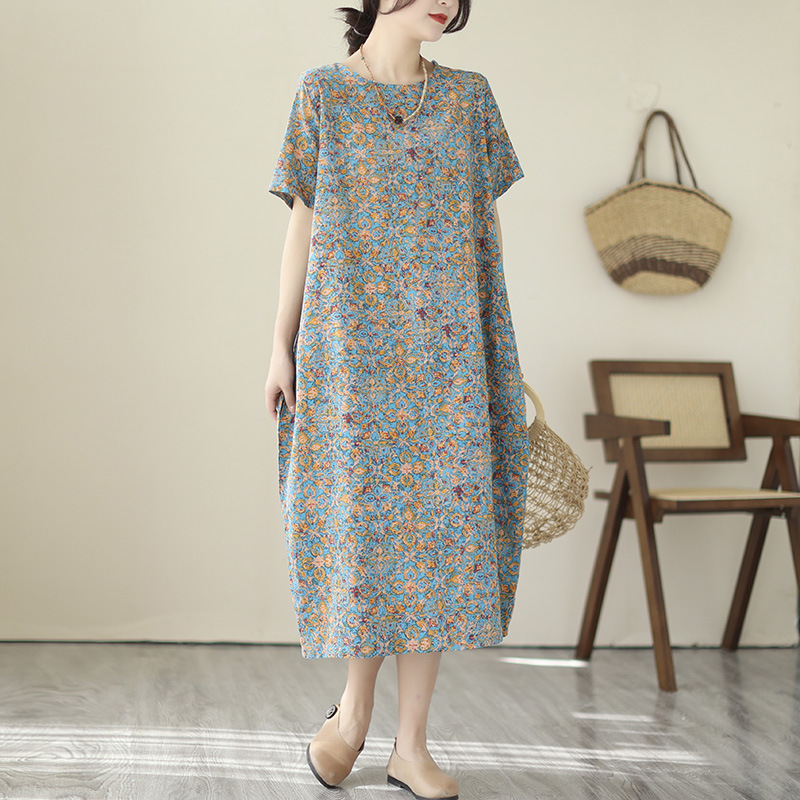 Real Shot 2023 Summer New Cotton and Linen Printed Cocoon Large Size Elegant Women's Stitching Loose Korean Short-sleeved Dress Real Shot 2023 Summer New Cotton and Linen Printed Cocoon Large Size Elegant Women's Stitching Loose Korean Short-sleeved Dress