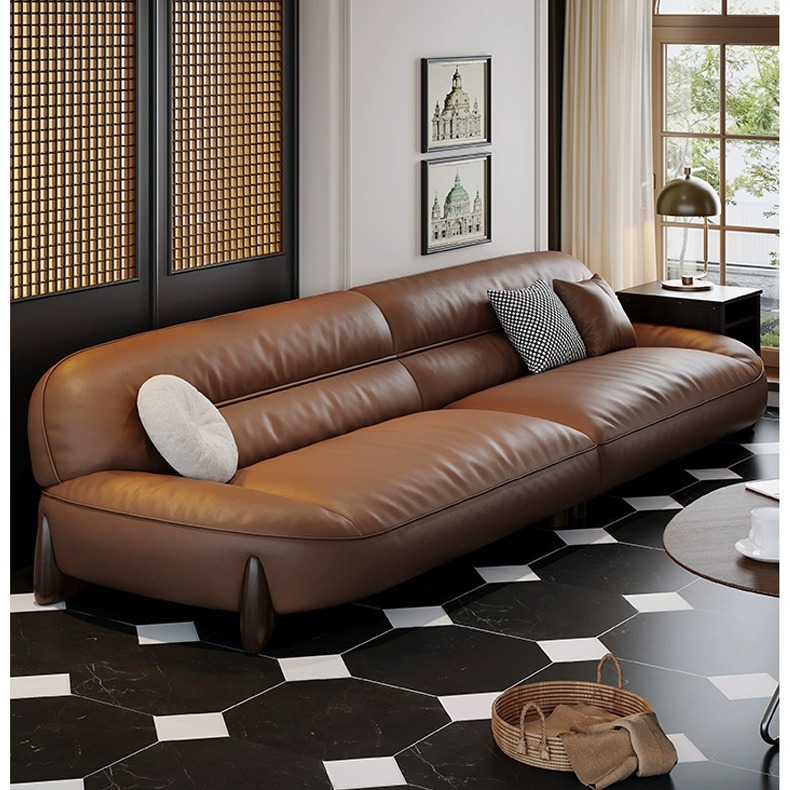 Sofá de cuero minimalista italiano estilo retrógrado francés sala de estar de fila recta de sofá de cuero de vaca