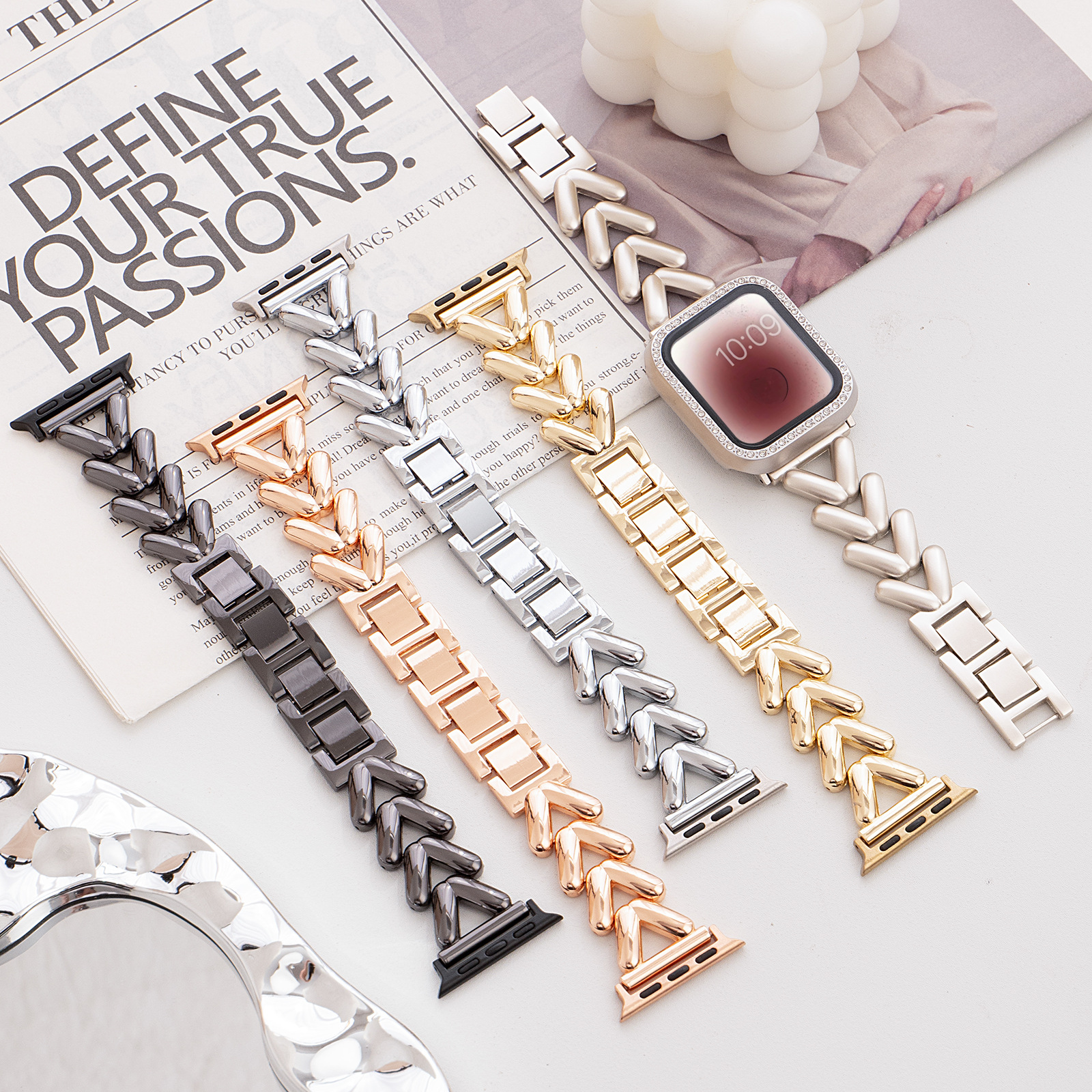 Suitable for Apple Watchs11 Watch Strap V-Shaped Chain Women's Metal Iwatchs10 Watch Strap 22mm