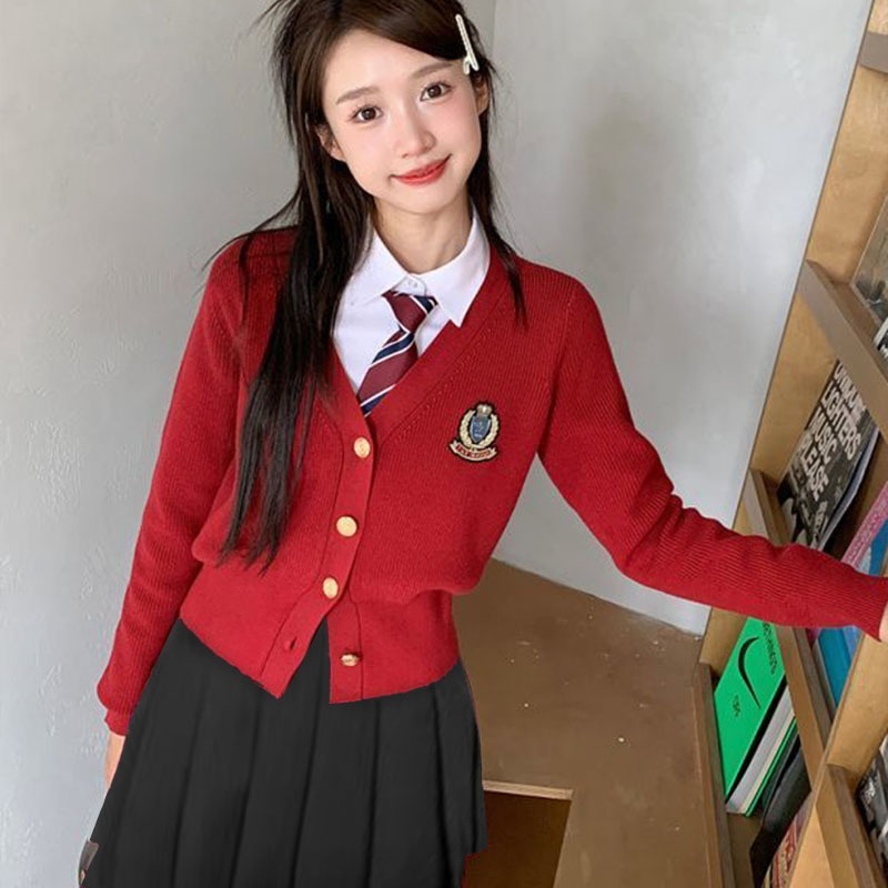 学院风短款红色针织开衫毛衣外套女秋冬季甜美高级复古感慵懒上衣|undefined