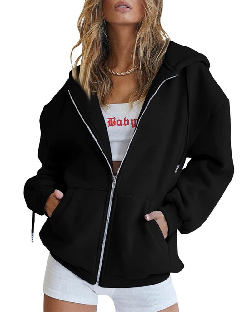 456g Weight Long Sleeve Sleeve Length Zipper Placket Type Regular Sleeve Sleeve Type Polyester Fabric Type Long Top Length Hoodie Tops Type Daily Occasion Hooded Neckline Regular Fit Fit Type Solid Color Pattern Spring, Autumn Season Women's Gender Pocket Design Streetwear Style Women's Streetwear Solid Color Pocket Zipper Hoodie 43