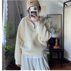 ハーフジップスタンドカラーセーター レディース 秋冬 長袖ニット 新作 韓国風 シンプル ゆったり ルーズフィット プルオーバーセーター