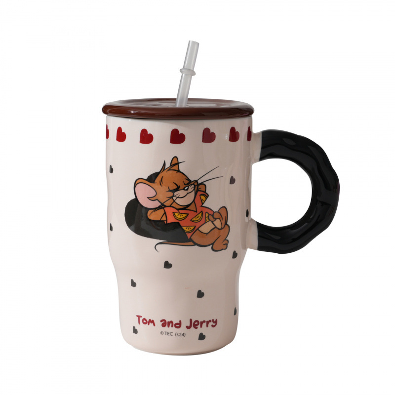 Gatos y ratones auténticos con cubierta de paja para parejas de niñas nuevas tazas de cerámica de gran capacidad con cubierta tazas de dibujos animados