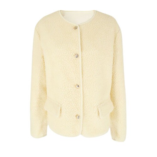 AC672 Western European French Cross-Border Early Spring New Style Plush Material Casual Fashion Loose Solid Color Crew Neck Cardigan Jacket for Women