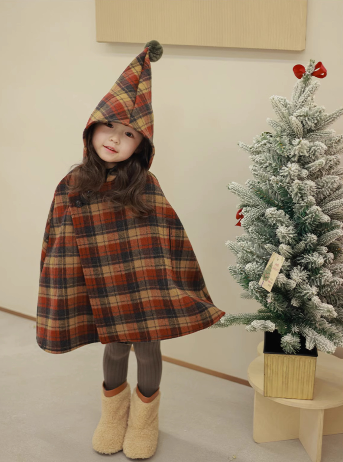 Kinderkleidung Mädchen Herbst und Winter neue Kinder spitzer Hut karierter Baumwollclip dicker Wollmantelumhang_voghion.com