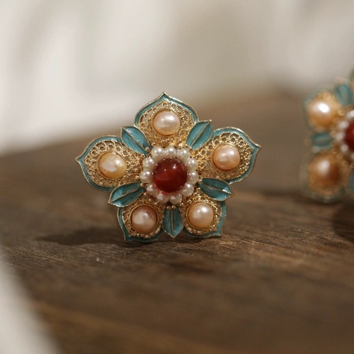 Tang Ming Style Floral Brocade Hanfu Hair Accessories, Simple and Elegant, High-end Sense, Pearl Retro Blue, Five-Star Floral Hairpins and Hairpins