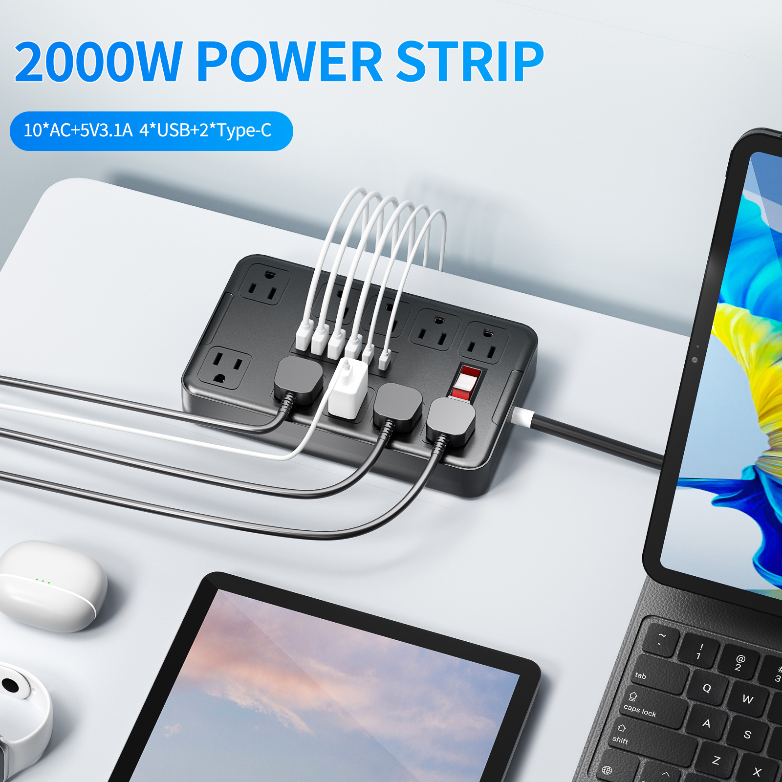 Nuevo estilo con interruptor de sobretensión, enchufe estándar estadounidense, enchufe de placa de arrastre doméstico, enchufe estándar estadounidense de 10 dígitos, enchufe USB estándar estadounidense