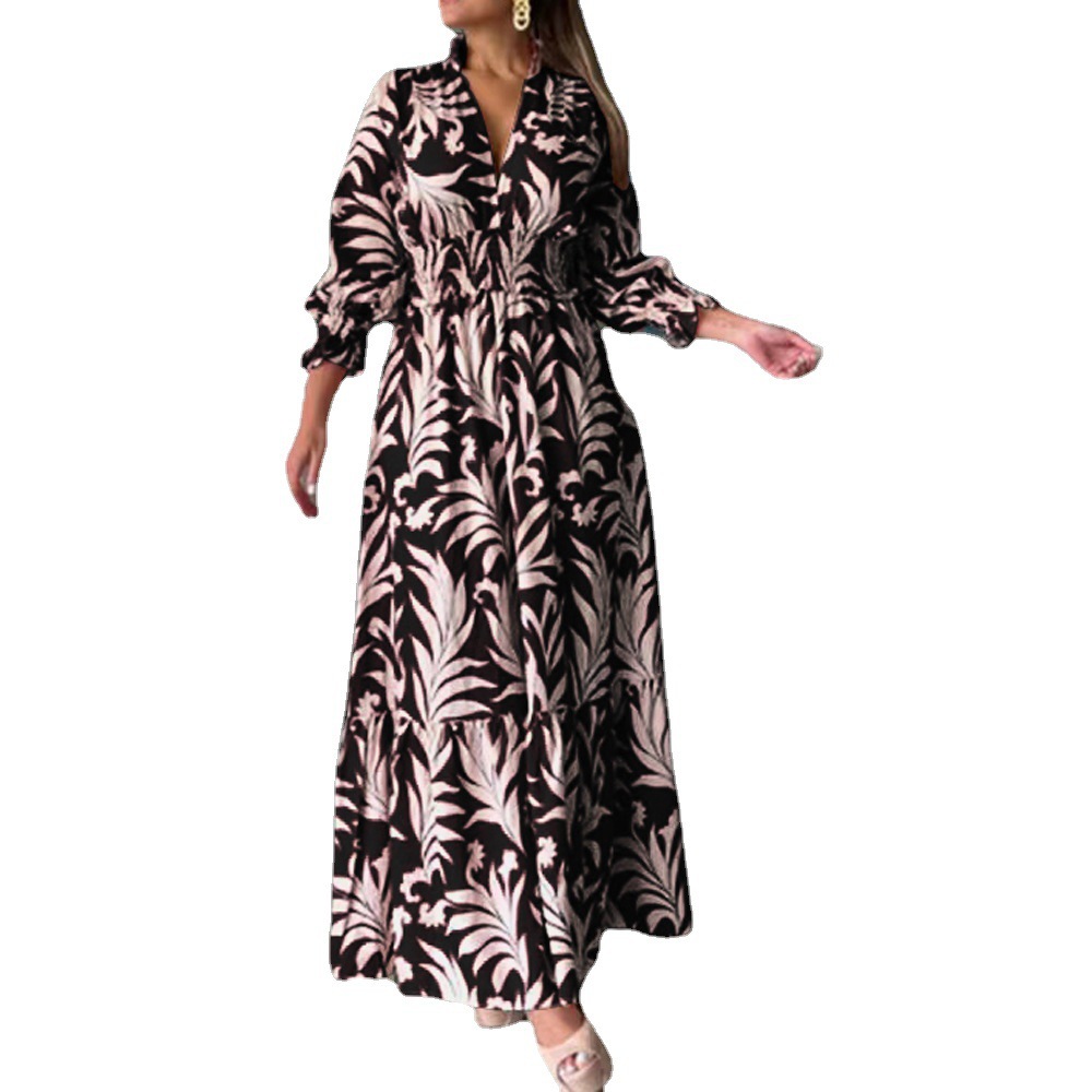 European And American Cro-Border 2022 Autumn Winter New Wait-Cinching Pullover Bohemian Print Long Sleeve Flared_ecoleips.com