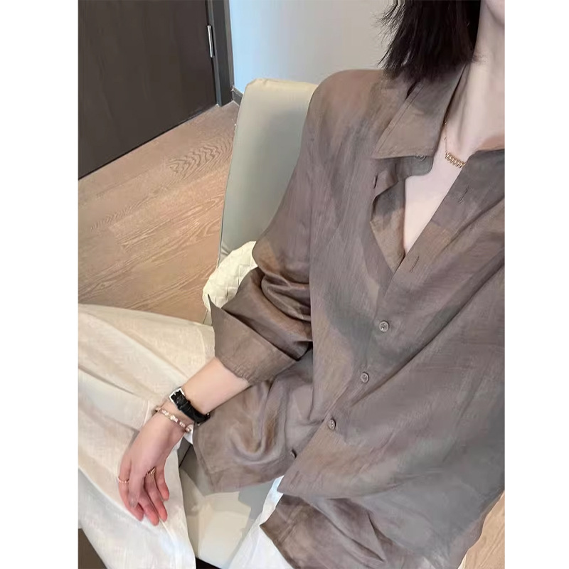 Áo sơ mi linen nữ phong cách cổ điển thiết kế rộng rãi chống nắng mùa hè — Màu cà phê khói chi tiết 1