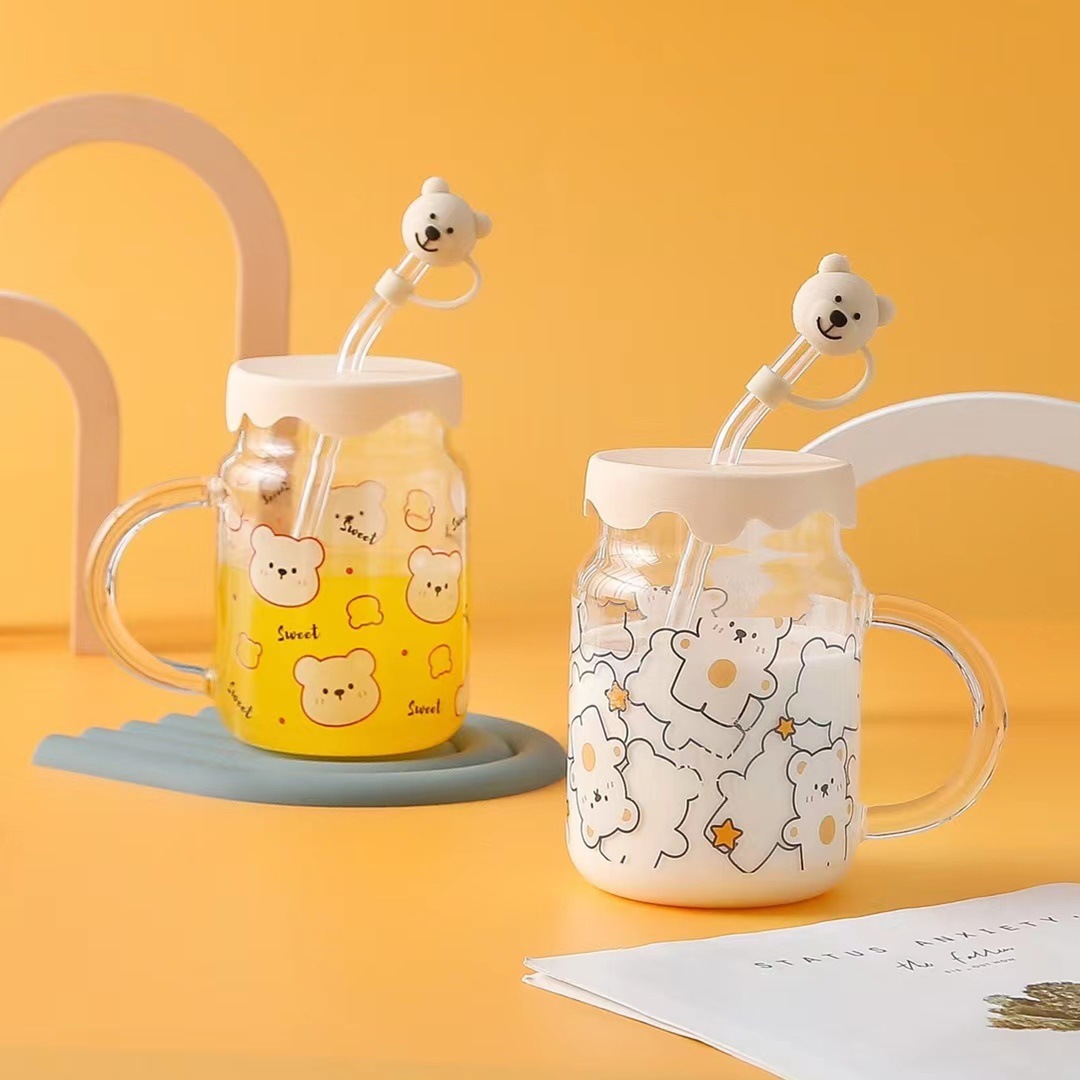 Oso de dibujos animados lindo creativo regalo de vidrio taza de paja taza de personalidad con tapa taza de leche taza de alto aspecto