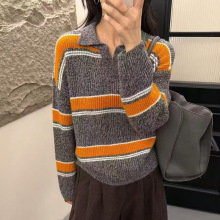 浣熊绒女复古条纹宽松长袖拼色拼接套头针织衫秋冬打底衫毛衣女