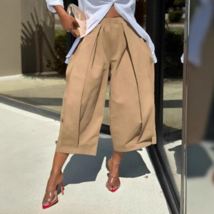 European and American Cross-Border Trade Casual Solid Color Wide-Leg Cropped Pants Comfortable