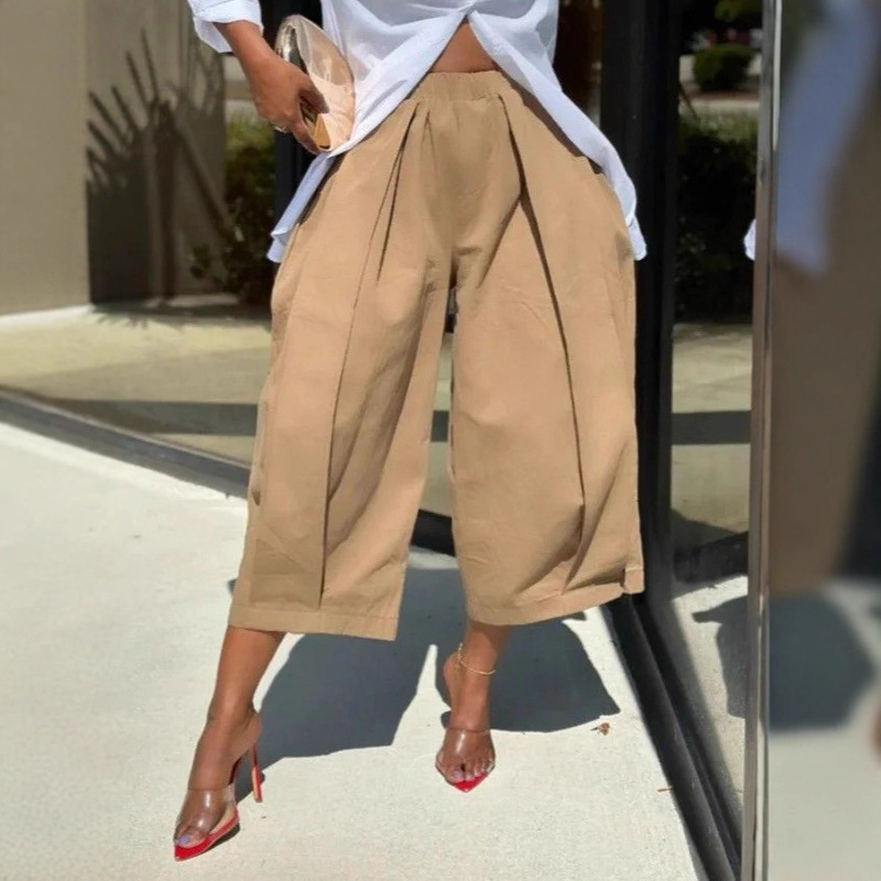 European and American Cross-Border Trade Casual Solid Color Wide-Leg Cropped Pants Comfortable
