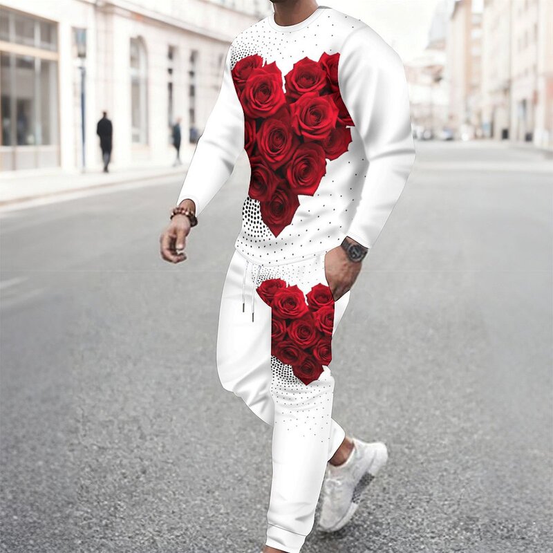 Men's Trendy Heart Rose Print Sports Suit Casual Sweatshirt and Sweatpants Two-Piece Set New Cross-Border Foreign Trade Model Men's Trendy Heart Rose Print Sports Suit Casual Sweatshirt and Sweatpants Two-Piece Set New Cross-Border Foreign Trade Model