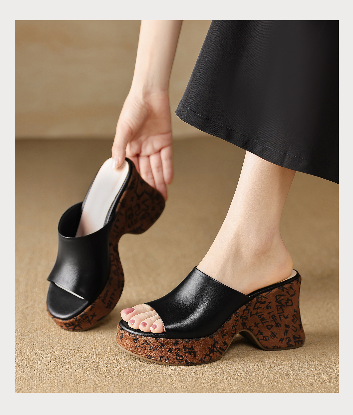 Dép sandal nữ quai chữ V đế xuồng cao phong cách Bohemian, chất liệu da thật, mũi hở, đế dày êm chân — màu đen, màu trắng ngà chi tiết 11