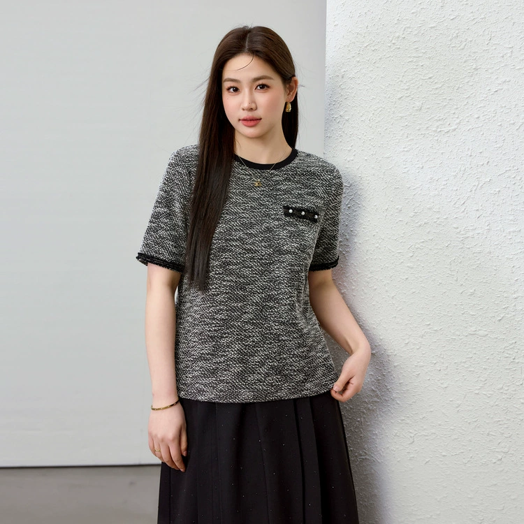 [Французский темперамент минималистский с круглым вырезом, дикий трикотаж] Полноцветный большой размер женский толстый mm2025 весенний костюм новый