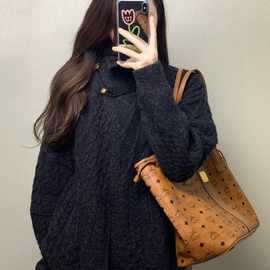 翻领麻花毛衣外套女冬冬季2025新款慵懒风针织开衫感加厚上衣