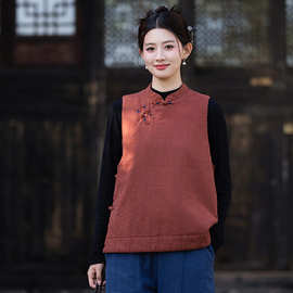 2026冬季新款苎麻百搭立领盘扣无袖夹棉马甲女式复古宽松上衣棉衣