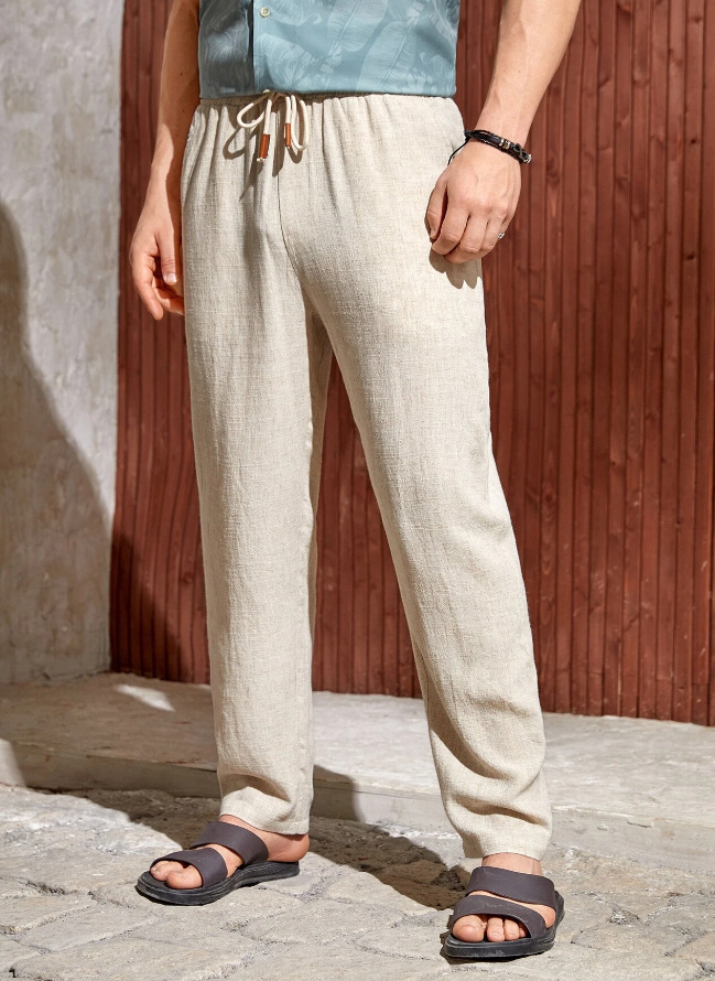 Men's Casual Cotton-linen Drawstring Trousers Breathable Fit_voghion.com