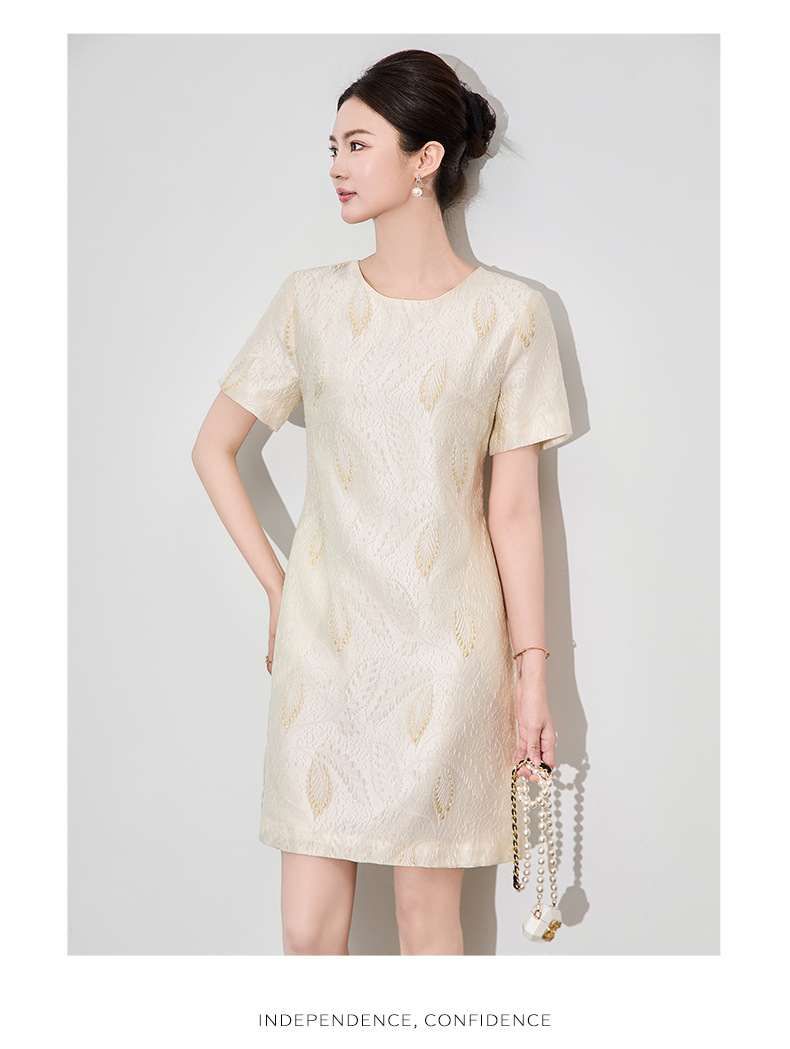 Váy ngắn tay nữ họa tiết jacquard mạ vàng phù điêu thanh lịch — Màu xanh lam chi tiết 12