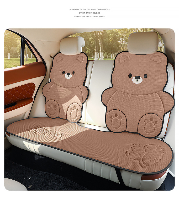 Car Seat Cushion for All Seasons, Cartoon Design, Breathable Cotton and Linen for Summer, Ventilated for Autumn and Winter, Half-Cover, Cute Bear Seat Cover for Women