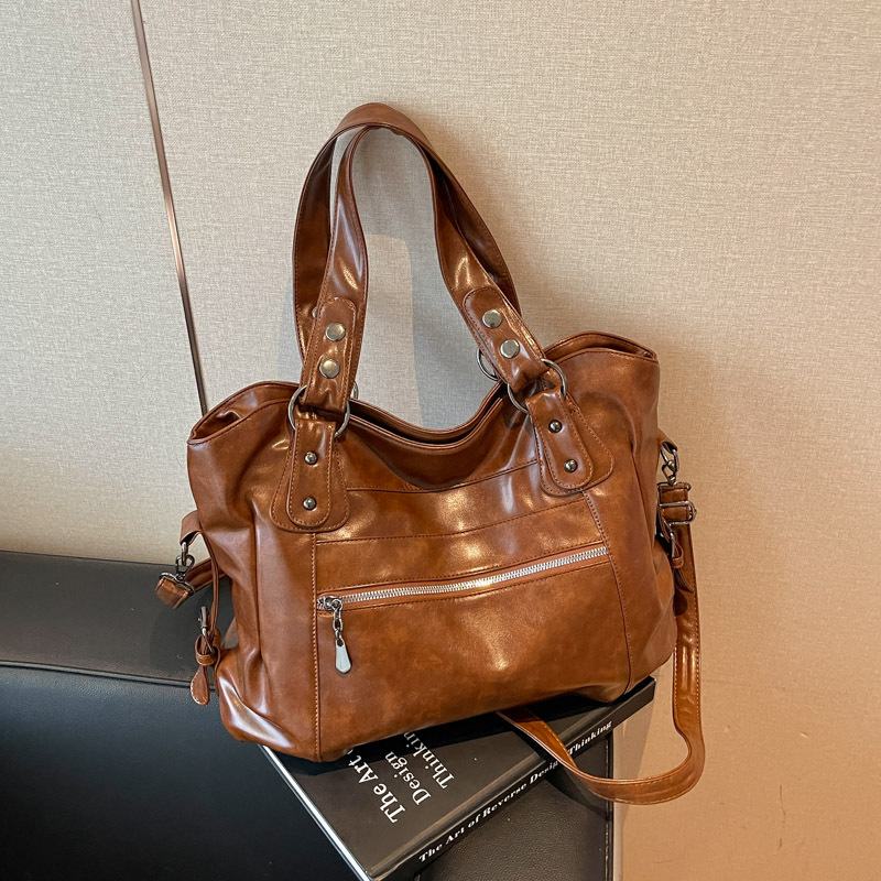 Cross-Border Tote Bag, European and American Retro Style, Solid Color Pu, Large Capacity Shoulder Bag, Soft Leather, Casual Texture, Versatile Commuter Bag