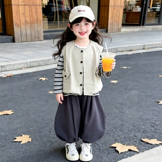 女童春秋马甲三件套韩系条纹长袖内搭灯笼束脚裤儿童宽松休闲套装