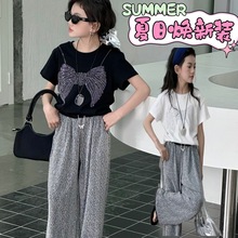 女大童烫钻蝴蝶结套装2025夏装新款韩版女孩洋气运动阔腿裤两件套