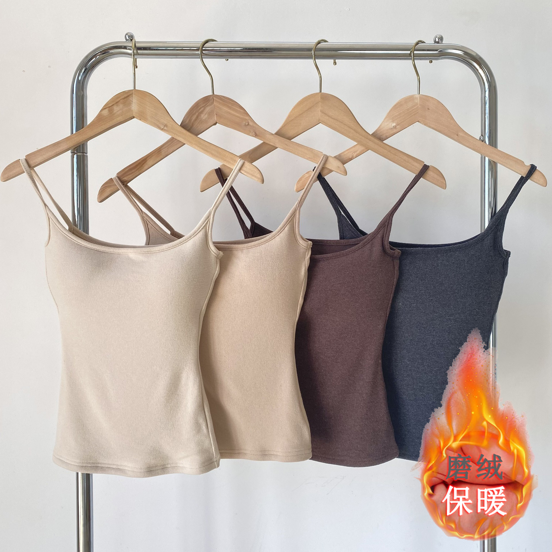 가을, 겨울 퓨어 욕망 기모 따뜻한 캐미솔 슬림핏 아우터웨어 + 가슴 패드 이너 레이어링 베이스 셔츠 탑 언더웨어