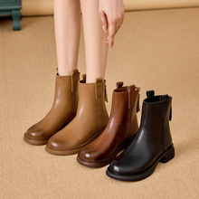 真皮马丁靴女 2023秋冬新款平底休闲女靴后拉链简约短筒骑士靴309