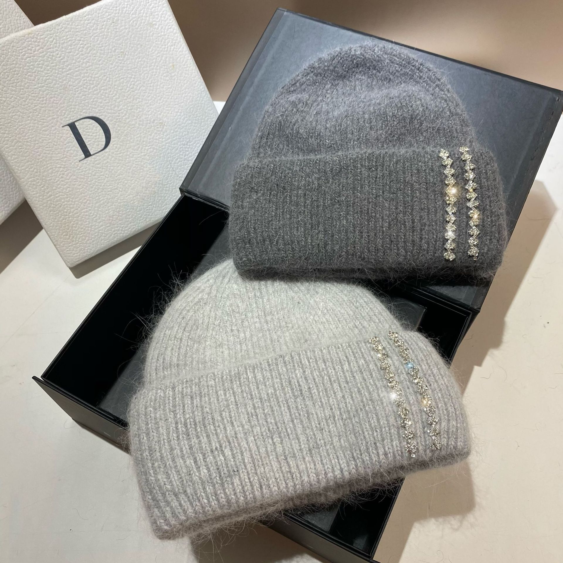 Winter-Thermomütze für den Außenbereich, langes Kaninchenhaar, doppelt gefaltete Strickmütze, Mode-Promi-Feng-Shui-Diamant-Wollmütze_voghion.com