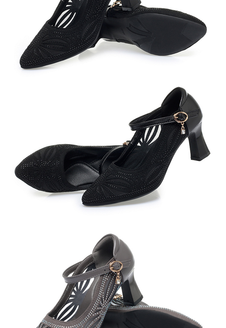 Sandal cao gót nữ hở mũi da lưới thoáng khí, gót vuông ổn định — Màu be chi tiết 14