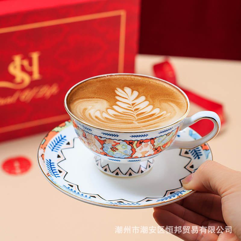 English-Style Coffee Cup and Saucer, Turkish Impression Latte Art Cup, Ceramic Light Luxury Afternoon Tea Latte Milk Cup, Restaurant Tea Cup