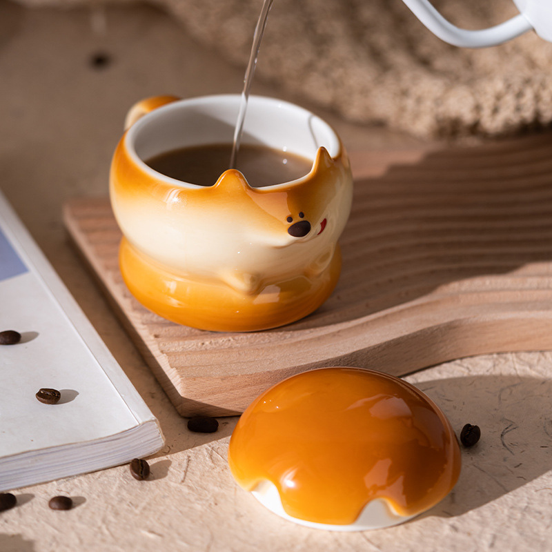 Taza de cerámica de perro hamburguesa de dibujos animados huevos de perro de madera muñeca taza de agua taza de té taza de café de leche taza de desayuno taza
